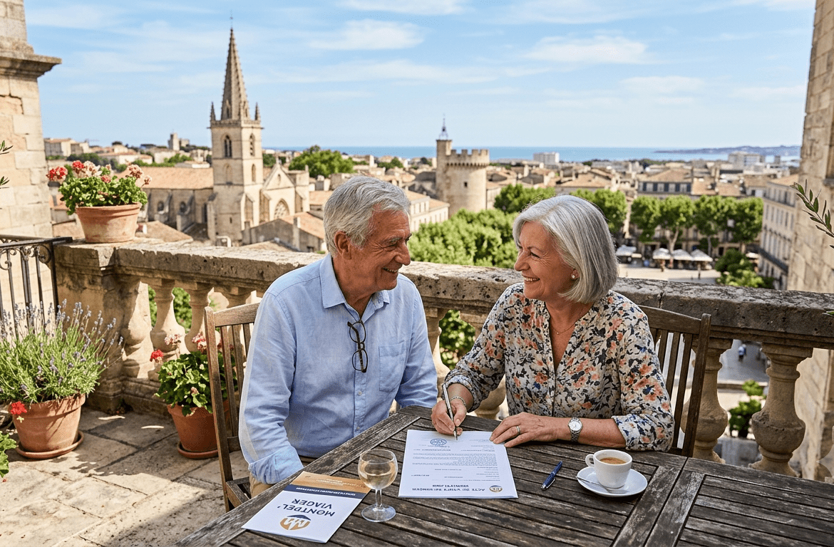 Image générée par IA présentant un couple entrain de signer pour une vente en viager dans la ville de Montpellier